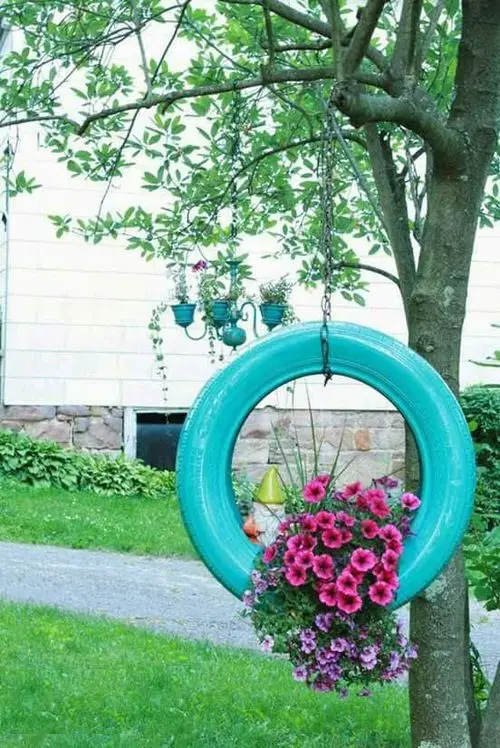 DIY Hanging Tire Planter Ideas 10