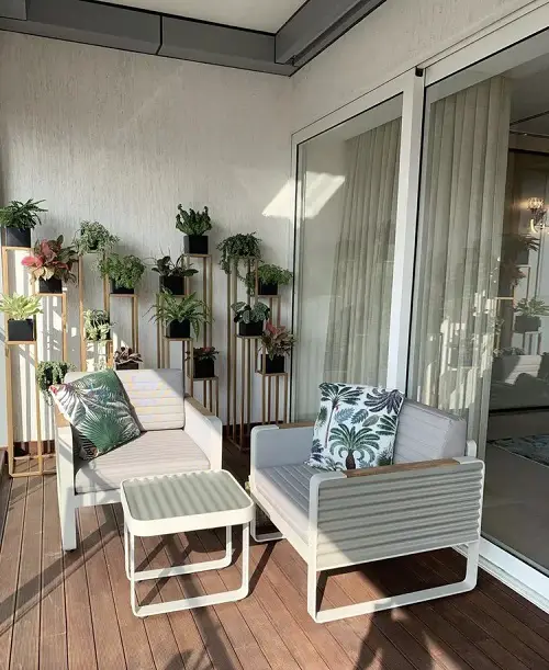 Balcony Furniture Ideas Laid Back Furniture with High Rise Plant Stands