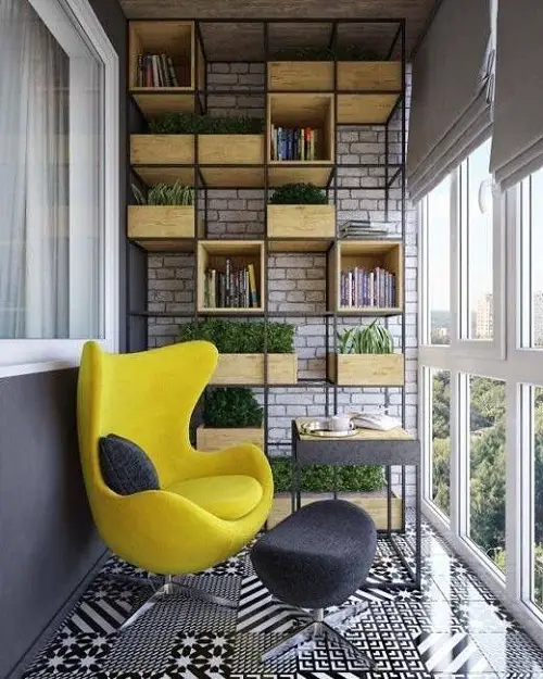 Balcony Furniture Ideas Yellow Relaxing Chair with Wall Cabinets