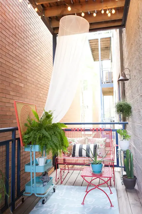 Balcony Furniture Ideas Mini Red Metal Couch and Table with Rolling Cabinet for Plants