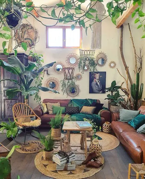 Living Room with Plants and Small Mirrors