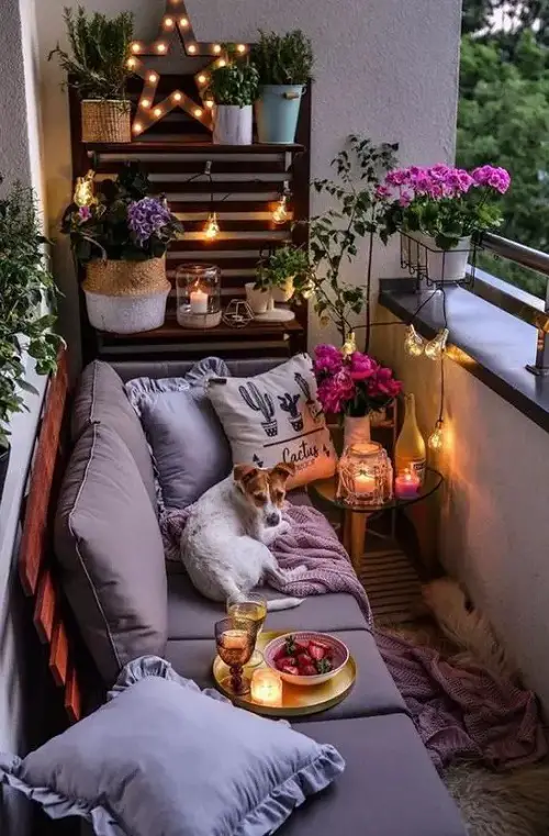Add a Pallet Wall Shelf for Planters with Cushions and Lights to decor balcony 