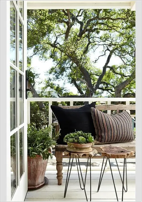 Balcony Decorating Ideas Wooden Furniture and Vintage Planters