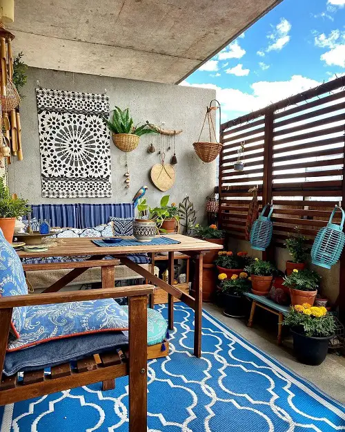 Balcony Wall Designs Moroccan Rug on the Wall with Hanging Pots
