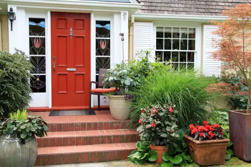 Bright Brown Door with Lush Potted Plants