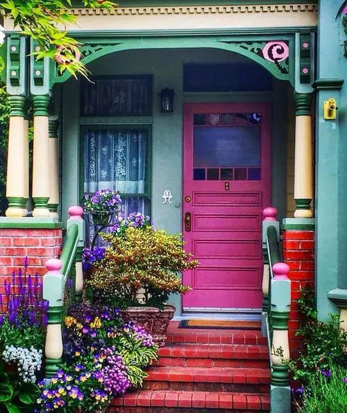 Pink Front Door with Matching Flowers