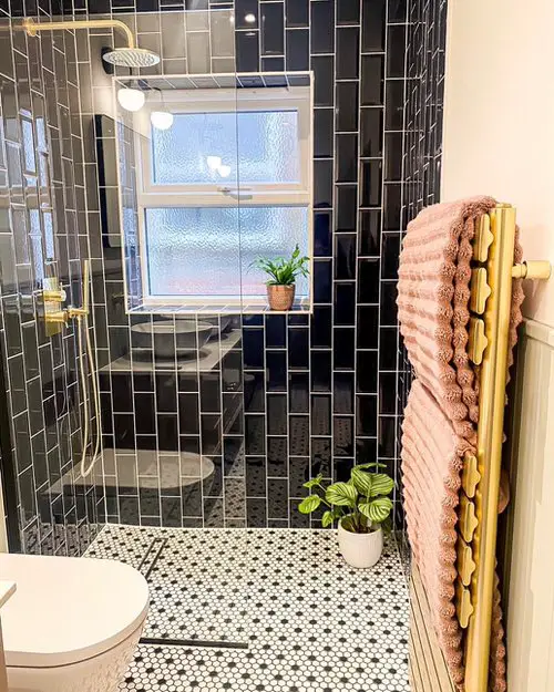Pink and Black Theme Bathroom with Potted Plants
