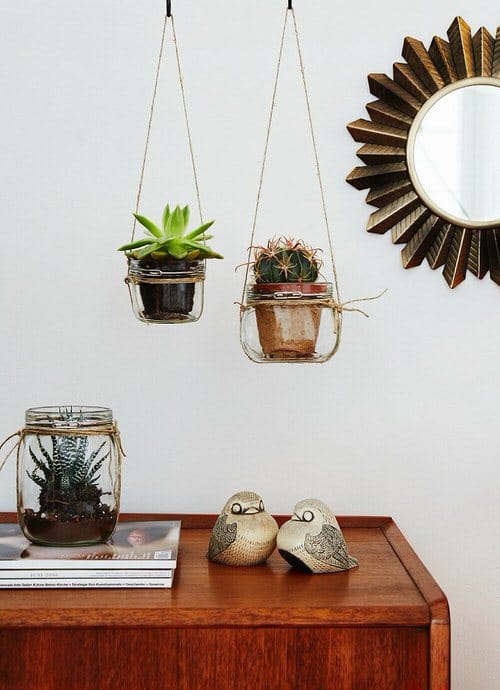 Succulents in Hanging Mason Jars and Parcel String