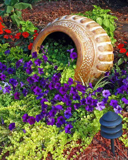 Garden Pot on Its Side with Blue Flowers