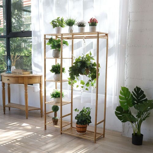 Clothes Rack with Wooden Shelves for Pots