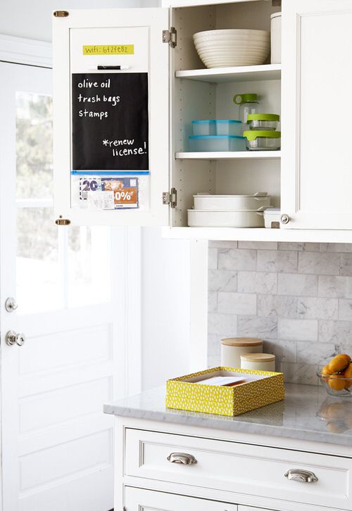 Attack a chalkboard paper and adhesive pockets inside the cabinet