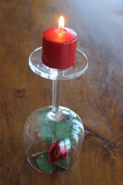 Red Candles & Roses Under Wine Glass