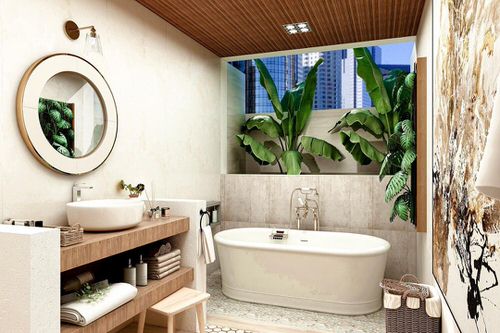Tropical Plants by a Large Open Window in a Bathroom