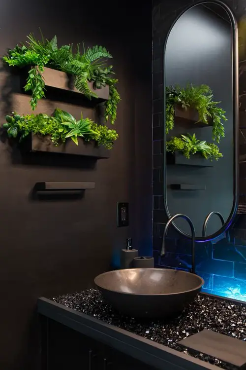 Dark Themed Bathroom with Plants on Wall
