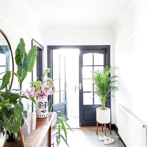 Plants in White Containers on the Entrance Door