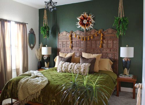 Bedroom with Hanging Baskets and Headboard