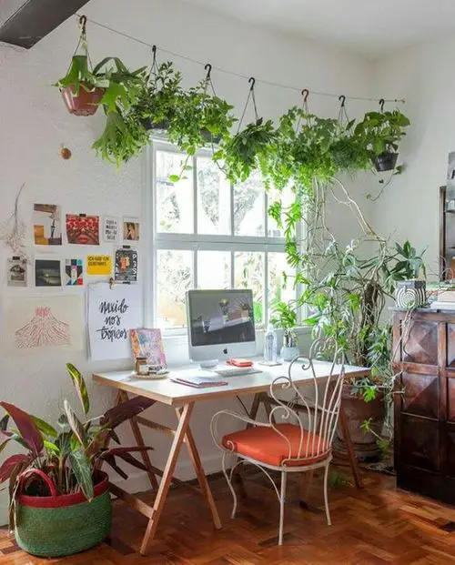 Green Home Office Desk Ideas with Plants | Pots Hanging on String
