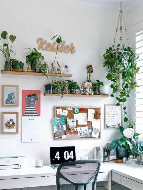Green Home Office Desk Ideas with Plants | Shelves and Hanging Planter for an Urban Jungle