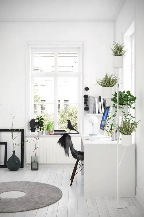 Green Home Office Desk Ideas with Plants | Tall Metal Plant Stand Right by the Work Desk