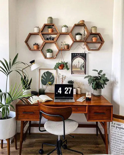 Green Home Office Desk Ideas with Plants | Hexagon Floating Shelves for Pots
