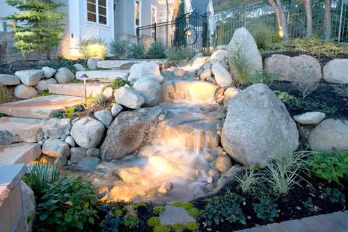 A Lighted Rock Water Feature