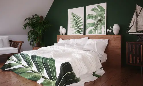 Green Bedroom with Leaf Printed Bedsheet