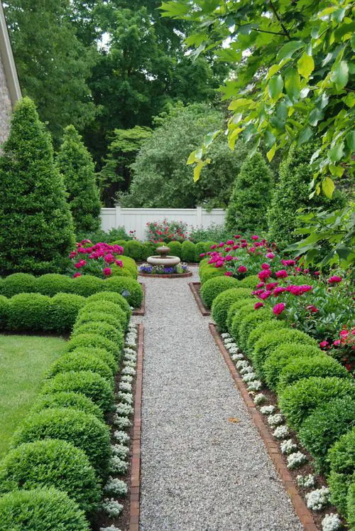 Gravel Pathway Between Boxwood and Rose Hedges