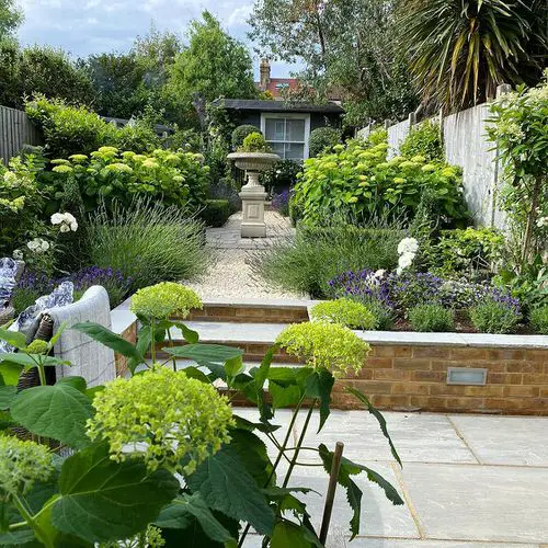 Architectural Garden with Annabelles and Hydrangea Bed