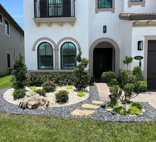 Formal Yard Design with Shrubs, Groundcovers, and Paved Lawn