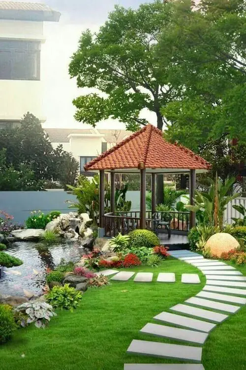 A Dreamy Combination of Pond, Gazebo, and Plants