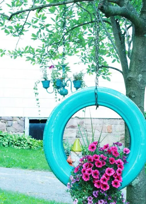 31 Hanging Decoration Ideas for Backyard and Garden 2Tire Floral Planter