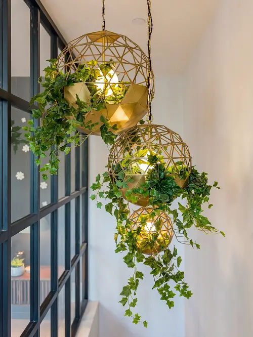 Fix Metal Globes from the Ceiling and Flaunt the Dainty Ivy Leaves