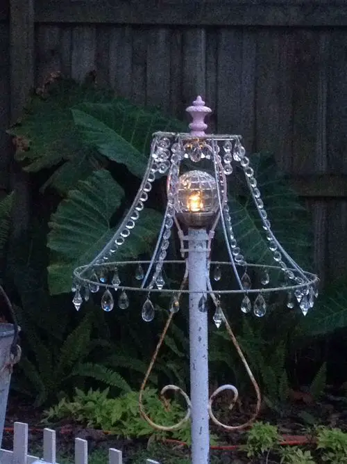 Upcycled Iron Lampshade in garden