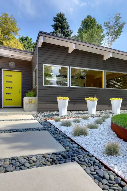 Front Yard Landscaping with Pebble Bed and Tall White Planters
