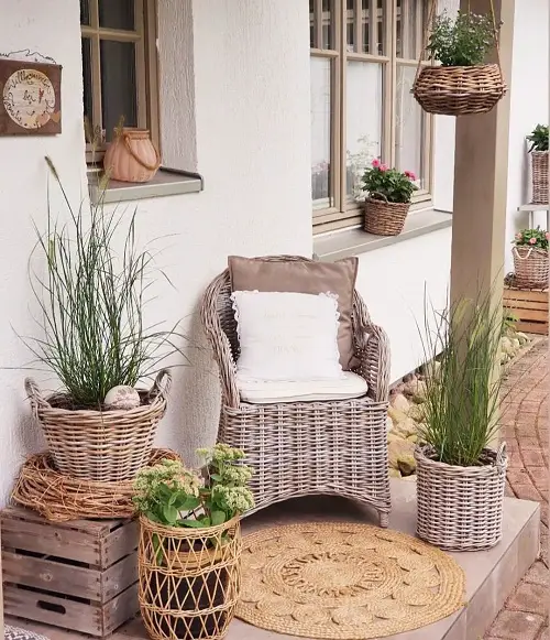 Include Cane Furniture and Flower Baskets on the Patio