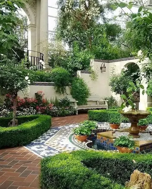 Best Mediterranean Garden Fountain, Plants, and a Colorful Pavement