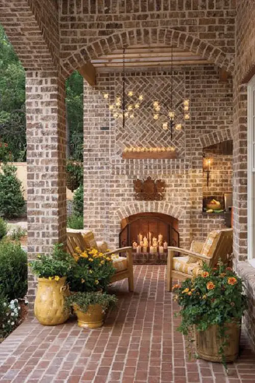 Spanish Brick Porch with Rustic Flower Pots