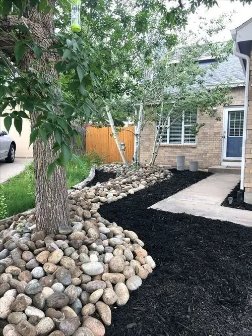 River Rock Bed for Tall Trees in the Yard