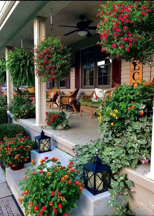 Hanging Flower Baskets Decking the Porch