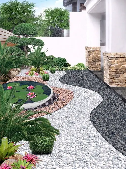Gravel and Lava Rock Paving with an Artificial Pond Feature