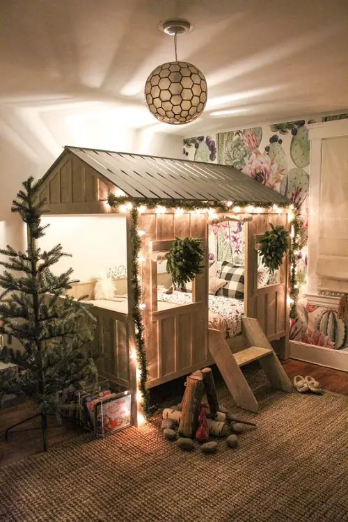 Forest Theme Bedroom Mini Indoor Hut Decked for the Holiday Season