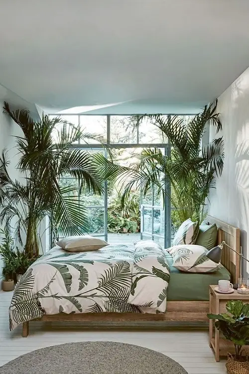 Tropical Bedroom with Palms Blocking the Sunlight