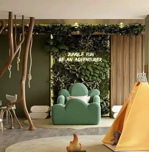 Living Foliage Wall and Faux Tree Trunk in the Bedroom