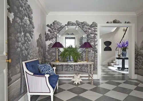 Elegant Monochromic Tiles with Mural Wall Art