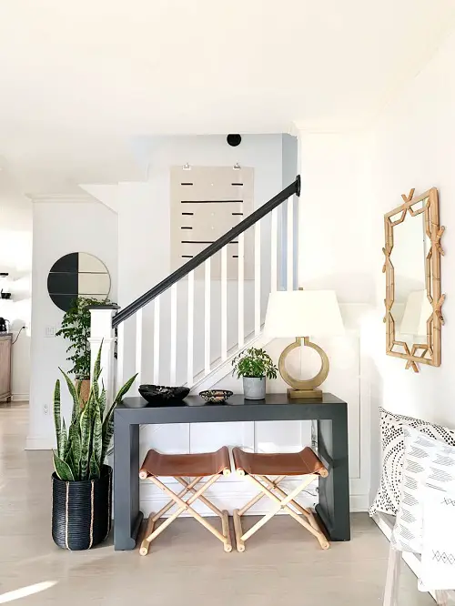Sophisticated Foyer Decor with Neutral Walls and Tall Snake Plant