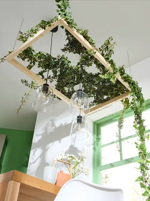 Suspended Faux Ivy Wooden Frame with Glass Lights
