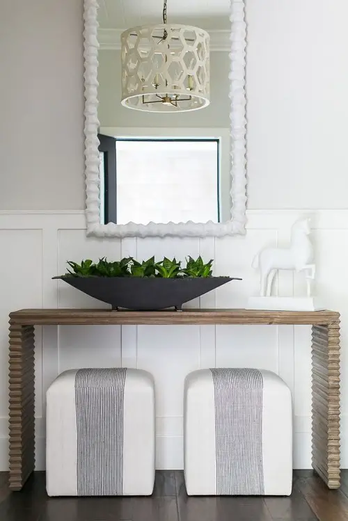 Best Foyer Decor Ideas with Plant Bowl & Intricate Pendant Light