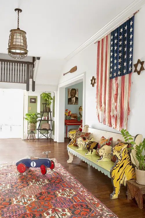 Animal-Themed Sitting Space with Fabric Rug in the Foyer