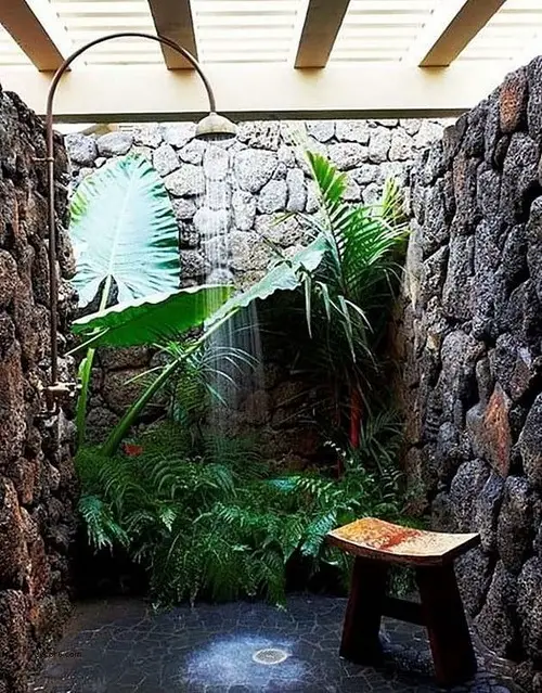 Jungle Bathroom Ideas Stone Walls and Big Leafed Tropicals