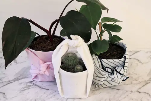 Wrapped Potted Plant Centerpieces and Fabric Wrap Planter